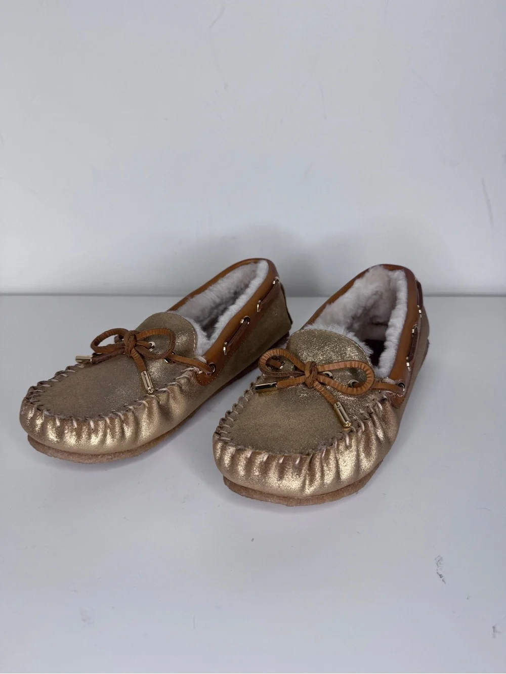 Tory Burch Metallic Gold Faux-Fur Lined Moccasins Flats 7